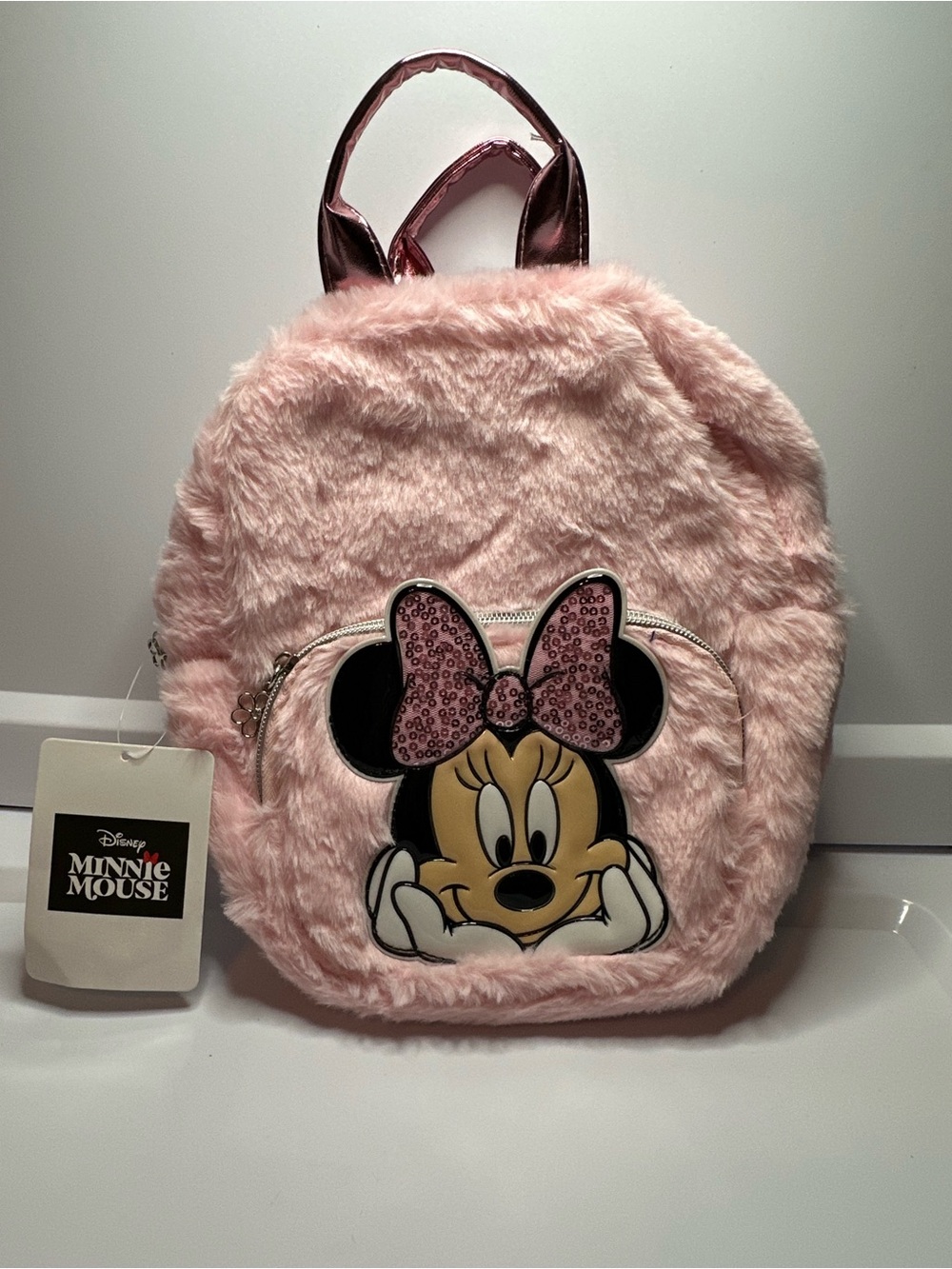 Disney Pink Plush Minnie Mouse Kids Backpack with Sequin Bow
